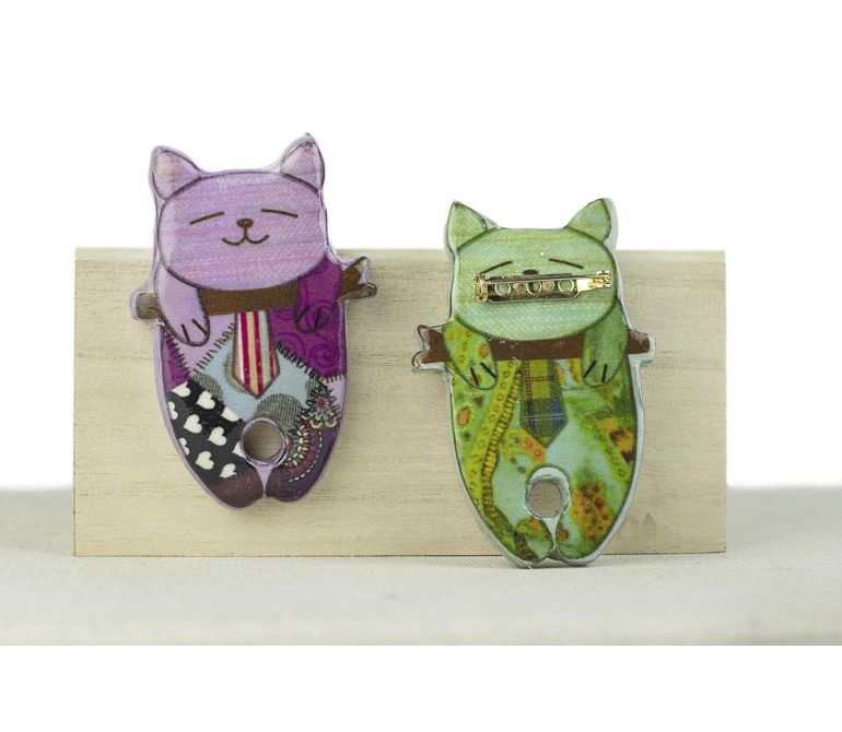 Broche GATO EN RAMA lila decoupage